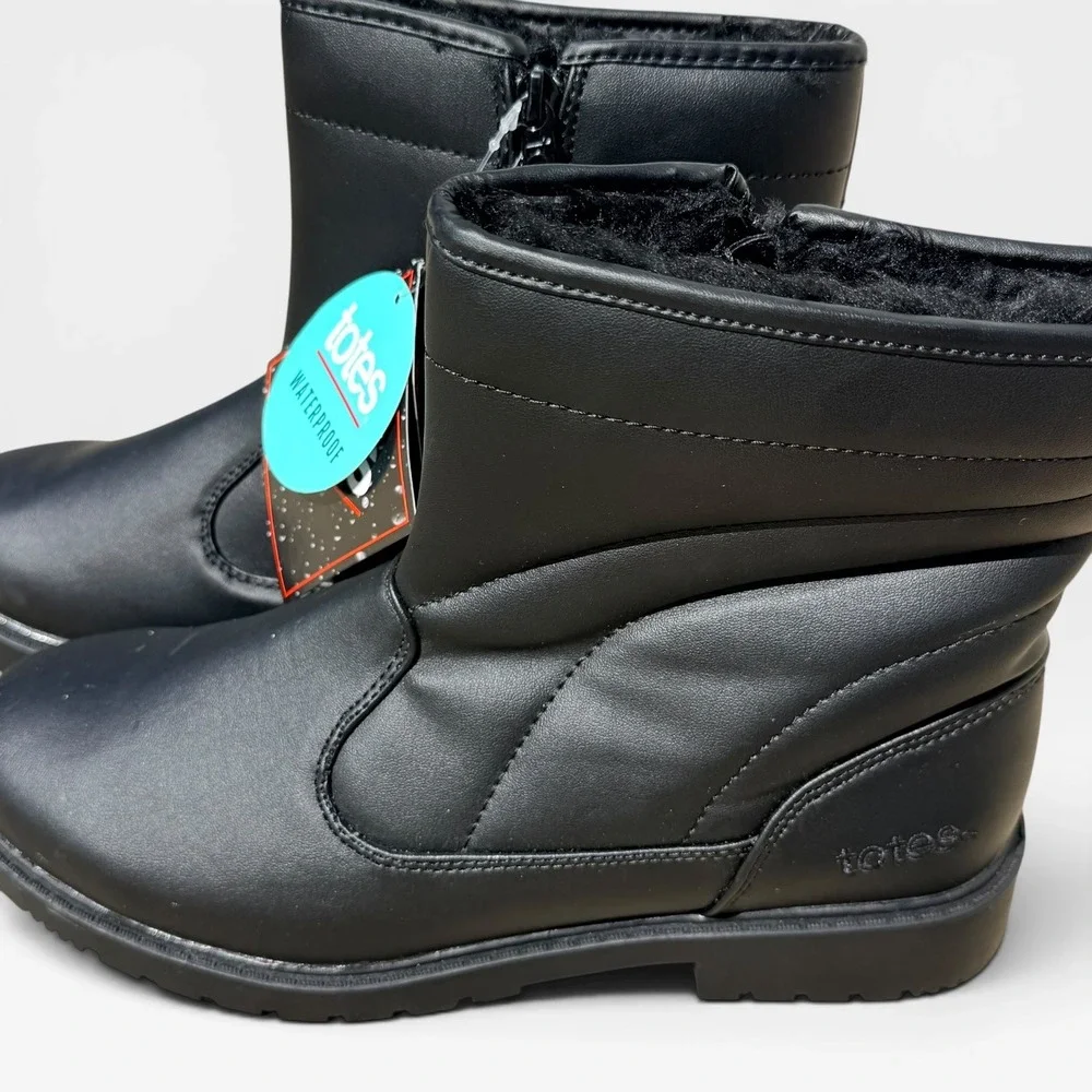 Totes Mens Luke Black Waterproof Winter Boots Faux Fur Lined Thermolite Size 9M